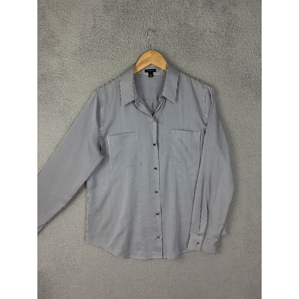 Ann Taylor Shirt Womens Medium Blue Stripe Button Up Long Sleeve Basic Casual